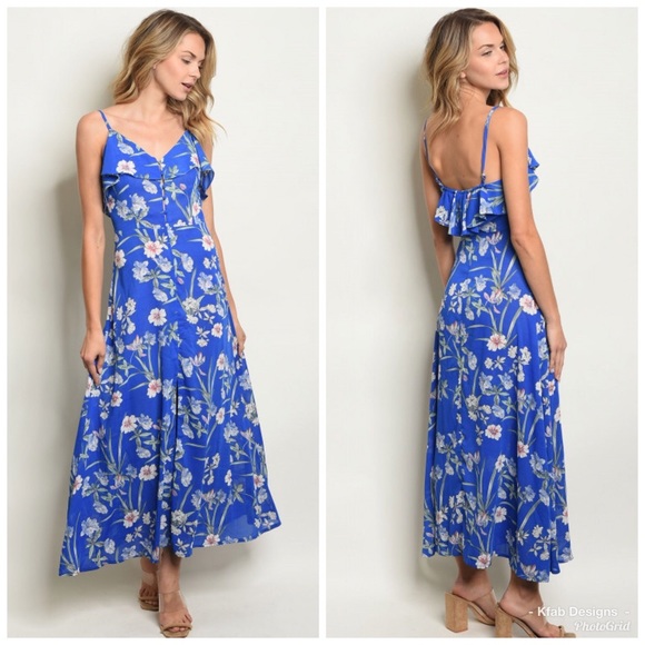 🛍Stunning! Royal Blue Ruffled Floral Maxi Dress! - Picture 4 of 5